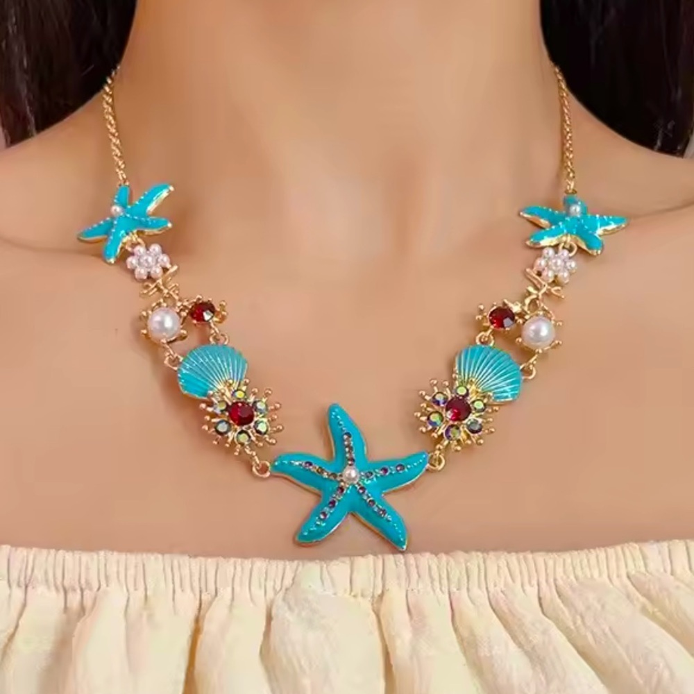 Bohemian Shell Starfish Charm Necklace Rhinestone Zircon Imitation Pearl Beach